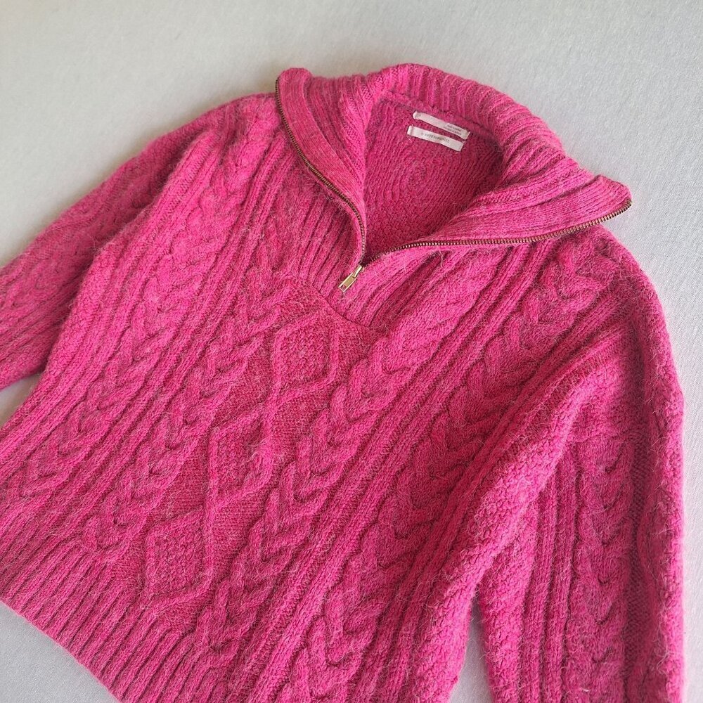 💙 Anthropologie Pink Quarter Zip Fuzzy Sweater Size S/M Preppy Fishermancore